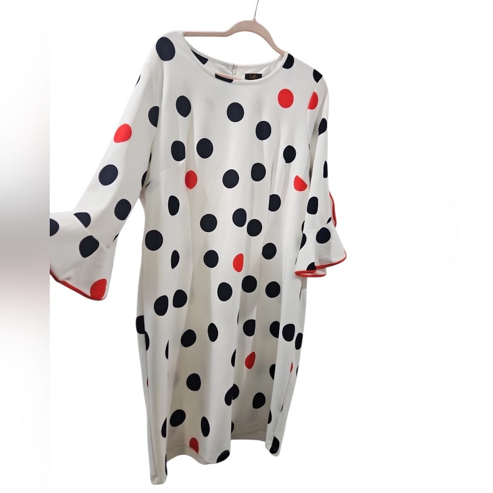 ILE Polka Dot Shift Dress in White with Navy & Orange Sz 18